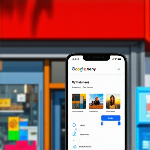 A Durham storefront with a smartphone showing a Google My Business profile.