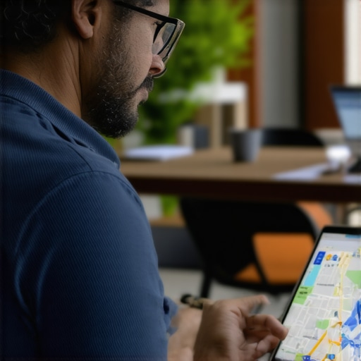 Business owner working on Google Maps profile in Durham community setting