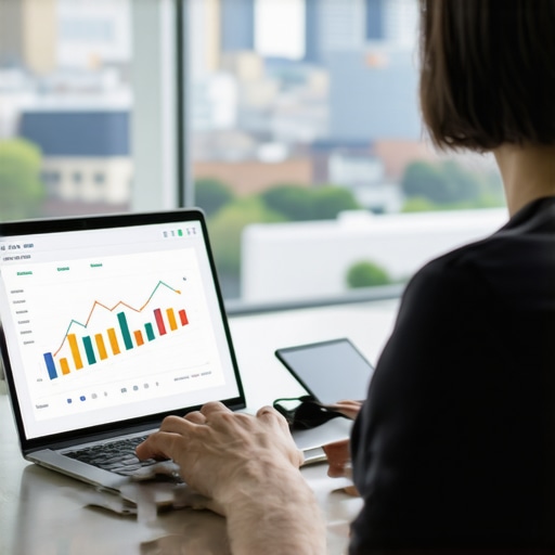 Business owner analyzing SEO data with Durham cityscape