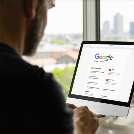 Durham business owner working on GMB profile with cityscape background.