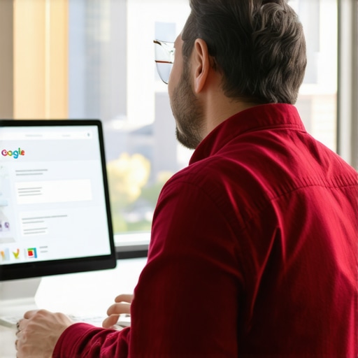 Business owner updating Google My Business profile on a laptop with Durham city in background.