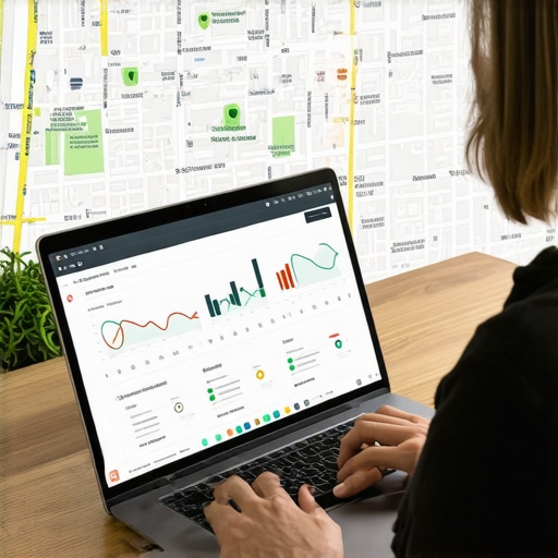 Person examining local SEO data on a laptop with Durham city map in background.