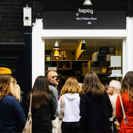 A lively Durham shop with customers shopping and smiling outside, showcasing local business vibrancy