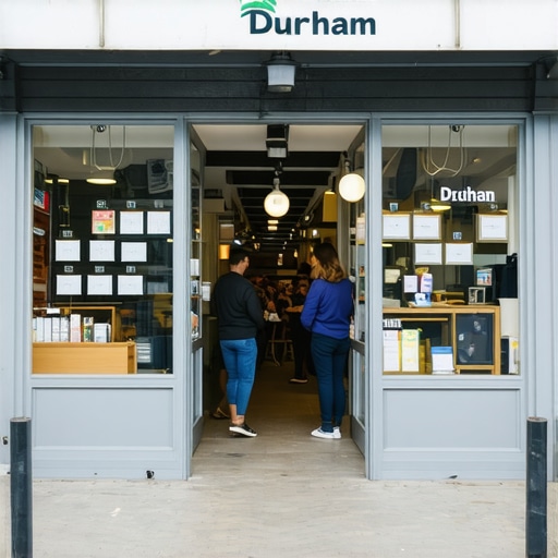 Front view of a bustling Durham shop with bright signage and welcoming atmosphere.