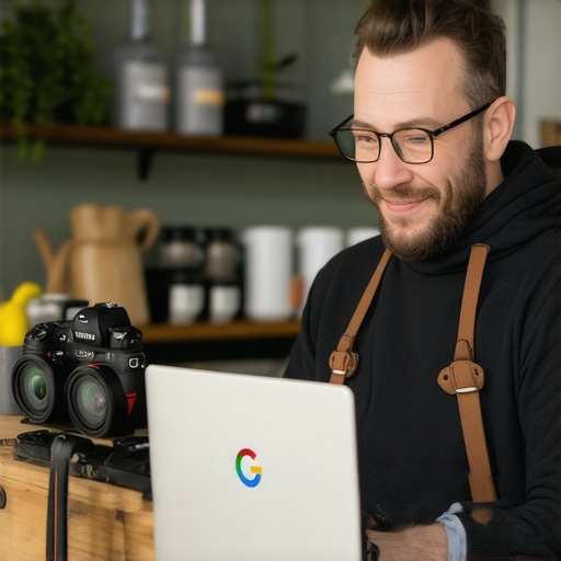 Local business owner updating Google My Business profile on a laptop in Durham storefront