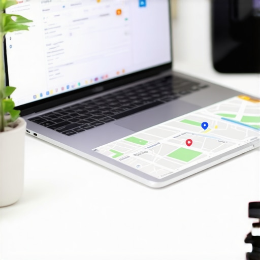 Durham business owner working on Google My Business profile with laptop and marketing tools.