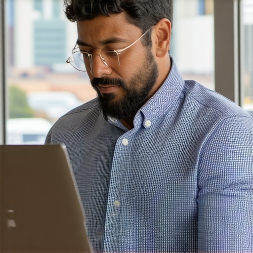 Business owner updating Google My Business profile with Durham city skyline in the background.
