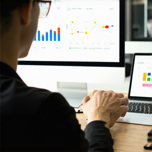 Using SEO Tools for Local Business A person analyzing local SEO metrics on various devices to optimize Google Maps presence.