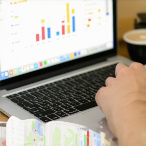 Person reviewing SEO analytics on a laptop screen showing maps and charts.