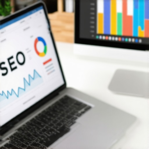 A workspace setup showing SEO audit software, a laptop with analytics, and marketing charts.