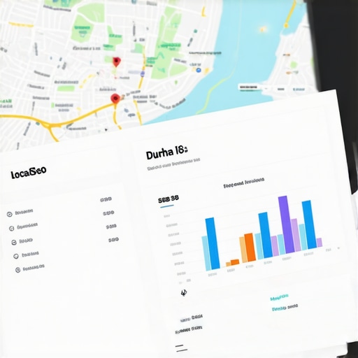 Business owner analyzing local SEO performance on a digital dashboard with Durham map