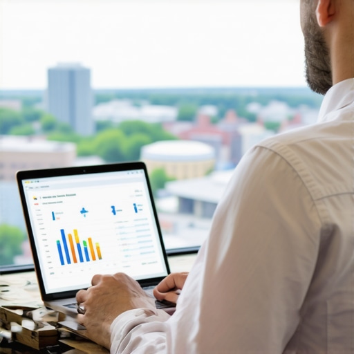 Local SEO tools in action for Durham businesses. Business owner analyzing SEO analytics on laptop with Durham skyline behind.