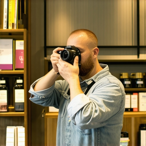 Shop owner taking photos of store interior for local SEO enhancement