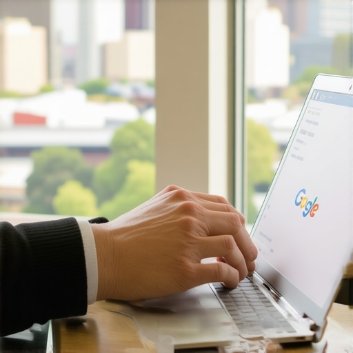 Small business owner updating Google My Business profile on a laptop with Durham skyline