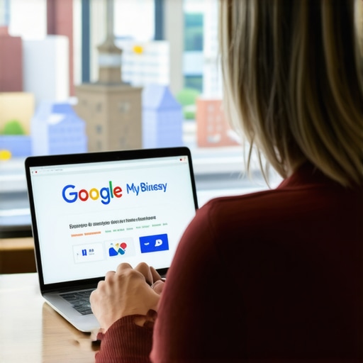 Business owner updating Google My Business profile with Durham landmarks in background.