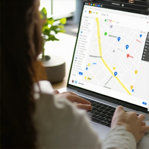 Business owner working on Google My Business profile with Durham city map in background