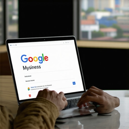 Business owner editing Google My Business listing on laptop with Durham skyline