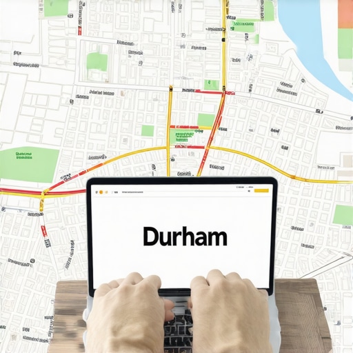 Person reviewing local SEO analytics on a laptop with Durham city map