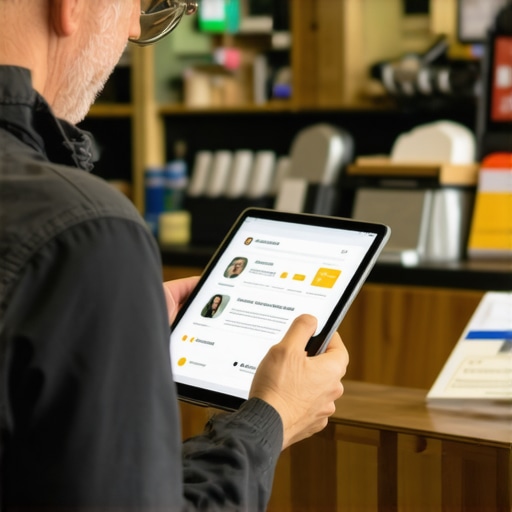 Durham shop owner showing a customer how to leave a review on a tablet.