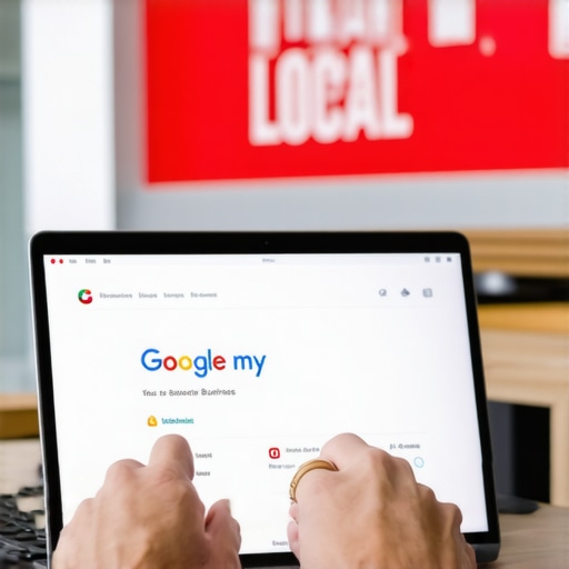 Person updating Google My Business profile on laptop with Durham storefront in background.
