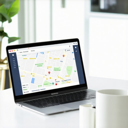Business owner working on local SEO optimization for Durham shop with laptop and city map