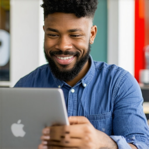 Business owner updating Google My Business profile on a laptop with storefront in Durham in background