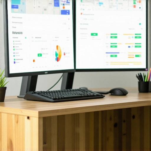 Business owner monitoring local SEO dashboards on dual screens for Durham shops.