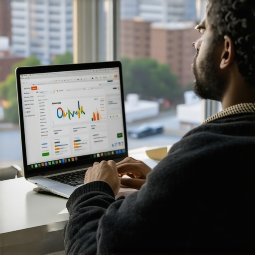 Business owner analyzing local SEO dashboard with Durham skyline in background