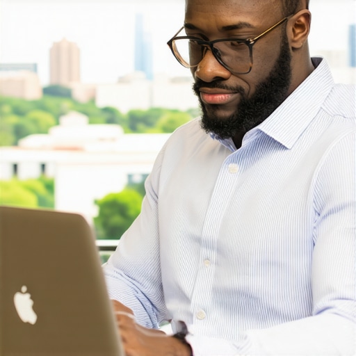 Local Durham shop owner working on Google My Business profile on a laptop with cityscape behind