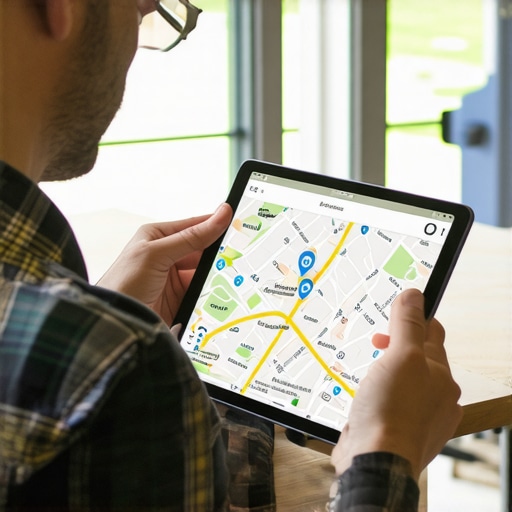 Entrepreneur reviewing Google Maps ranking data on a tablet, with Durham cityscape in background.