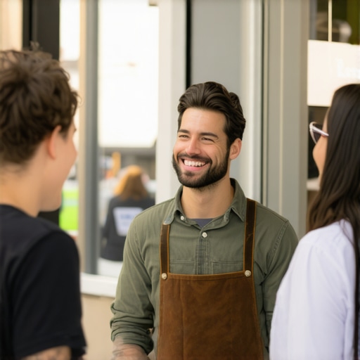 Durham shop owner interacting with customers outside storefront.