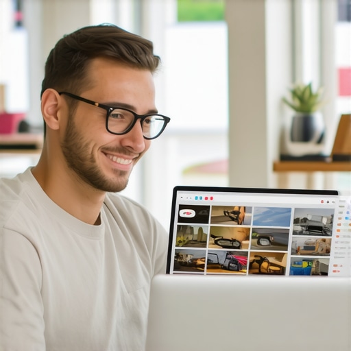 Durham business owner editing Google My Business profile on laptop with shop images and local keywords.